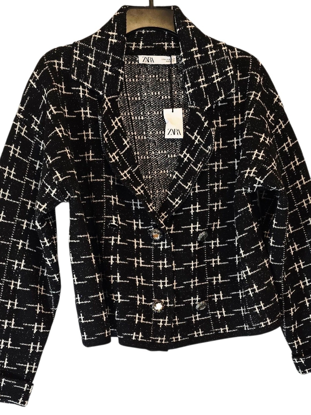 Zara NWT Black Cream Knit Blazer Cardigan Jewel Button Jacket Size M